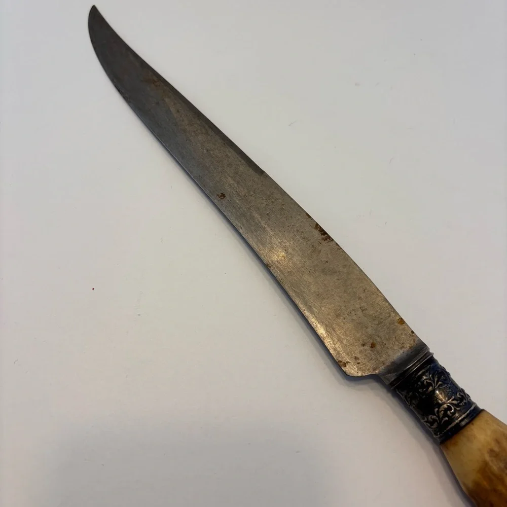 Antique Vintage Antler Handle Handle Carving Set w/ Silver Plated Ferrules Rare - Picture 5 of 14